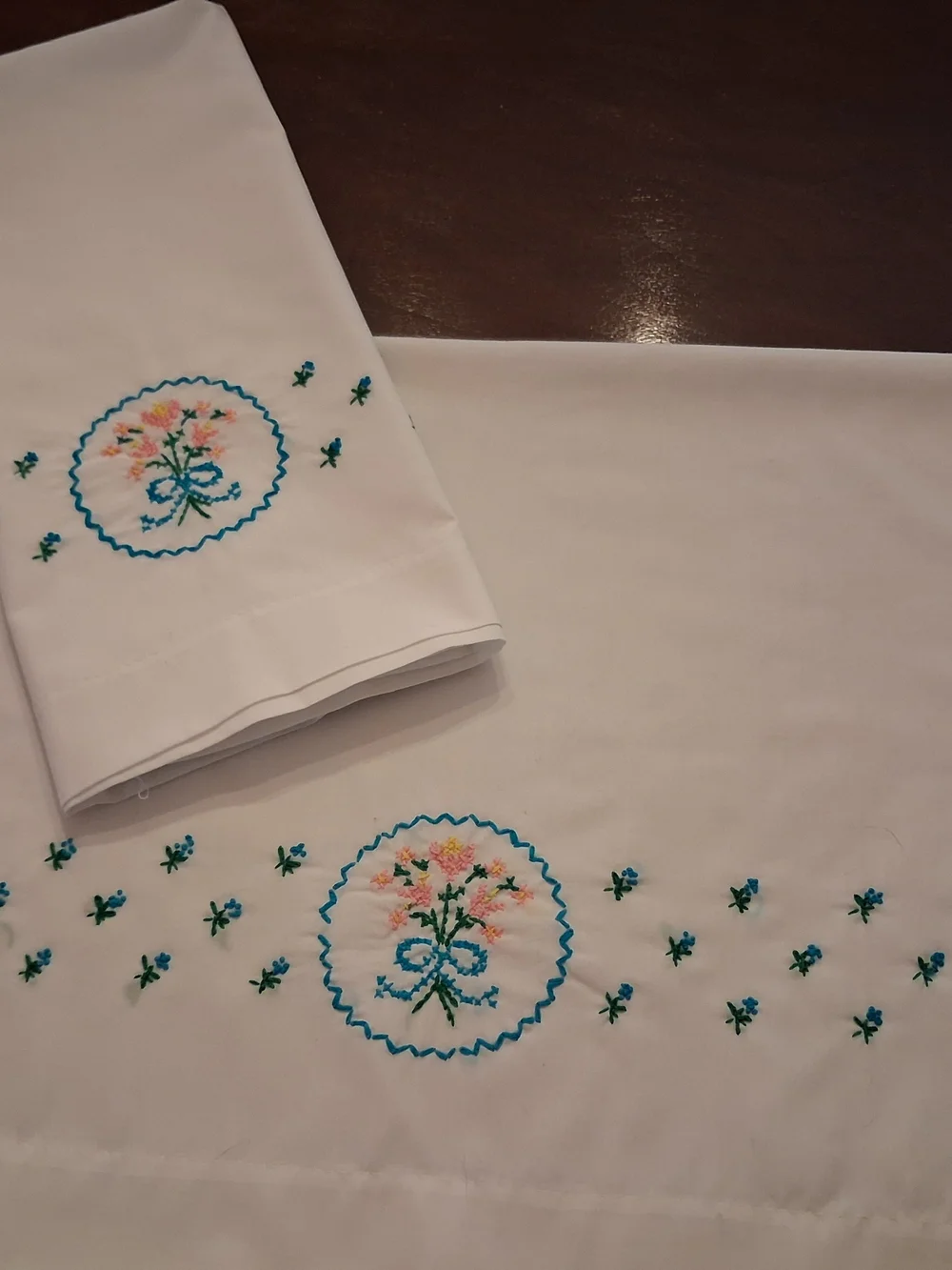 Vintage White Embroidered Pillowcases with Turquoise Flowers